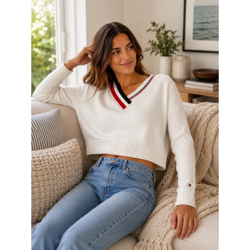 Tommy Jeans Women's Cropped V-Neck Sweater White Logo Knit Pullover Medium